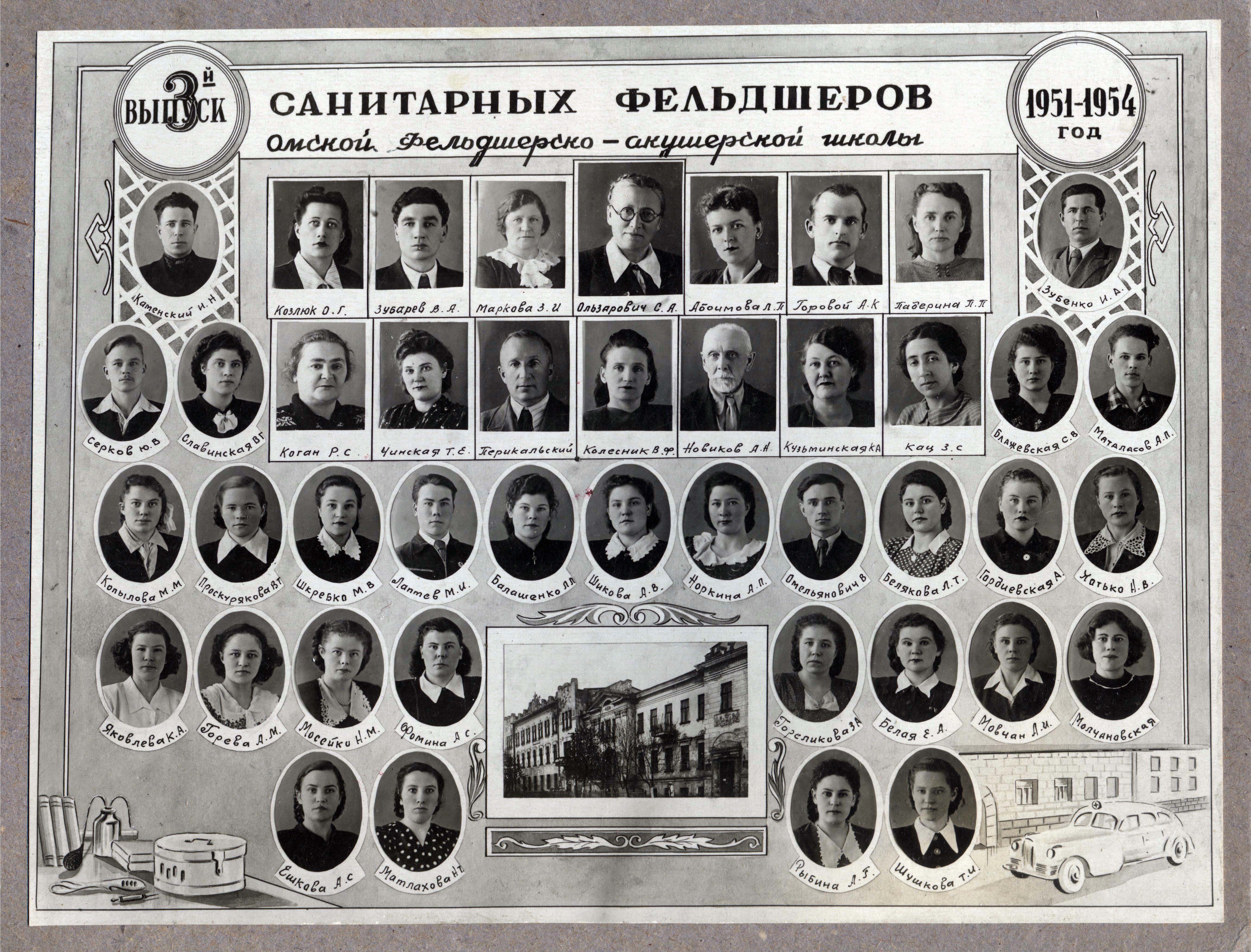 3-й выпуск санитарных фельдшеров Омской фельдшерско-акушерской школы 1951-1954 г.