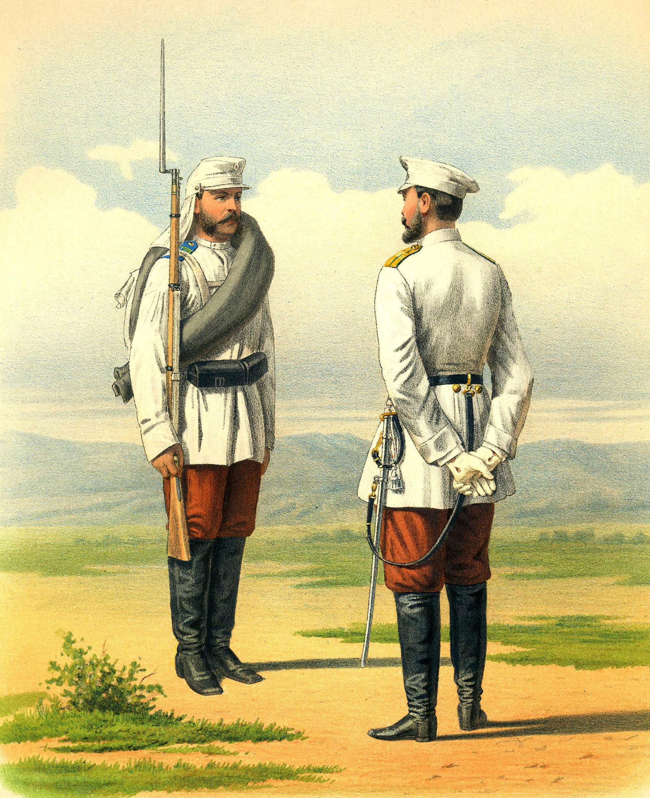 Туркестанские линейные батальоны. Рядовой и обер-офицер (походная и обыкновенная форма). 19 февраля 1877 г.