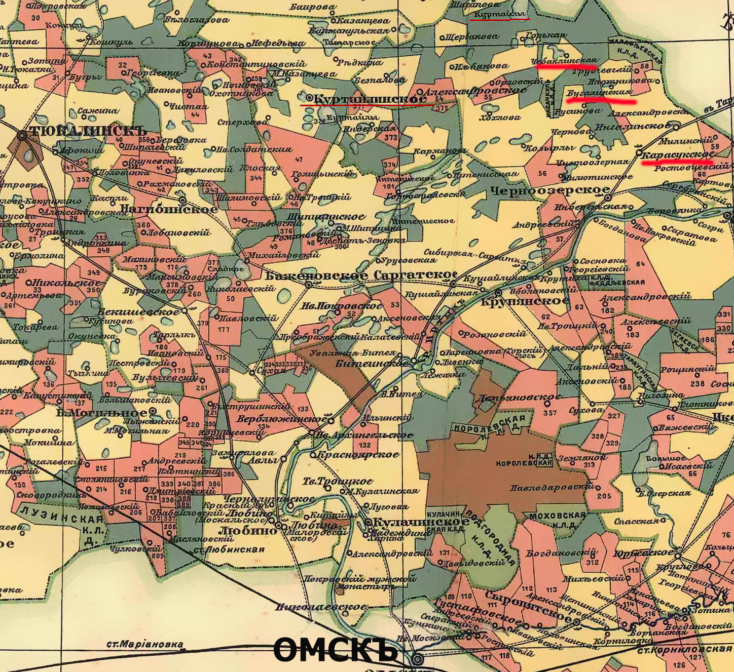 Фрагмент карты Тюкалинского уезда от 1913 года, Деревни Чебаклинная, Бугалинская, с. Карасукское.